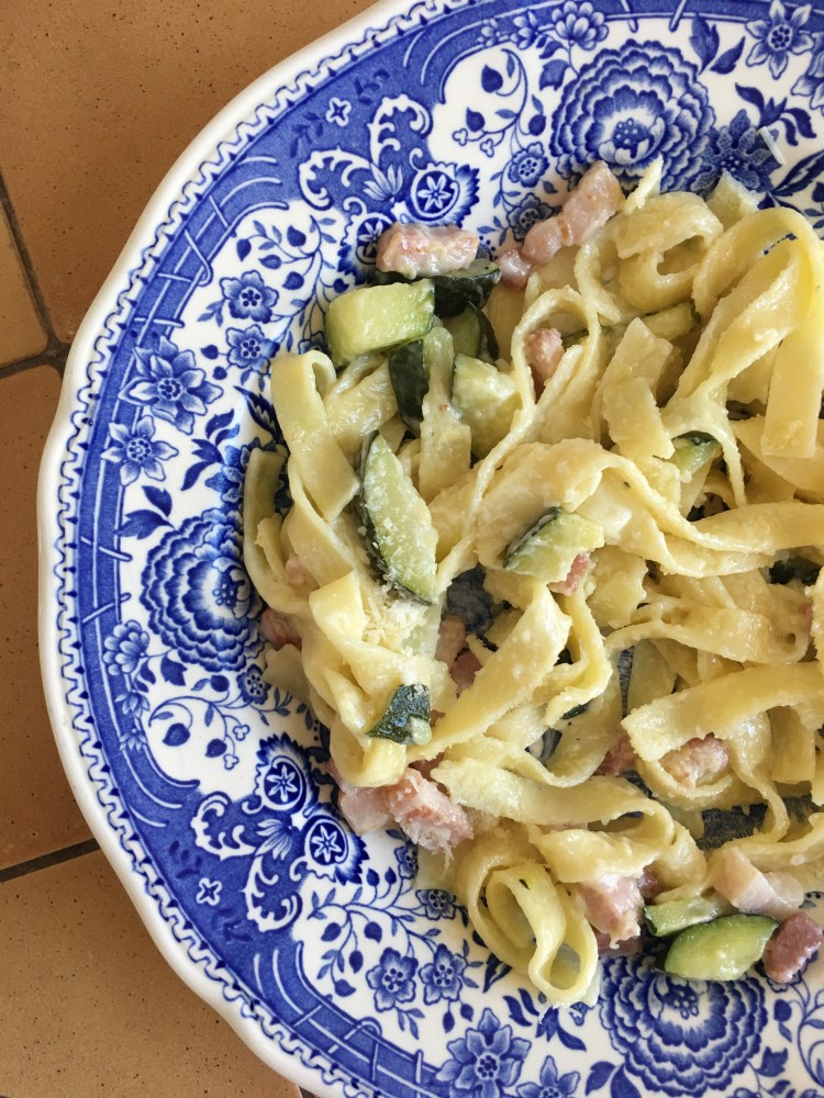 Tagliatelle Carbonara with Bacon and Zucchini