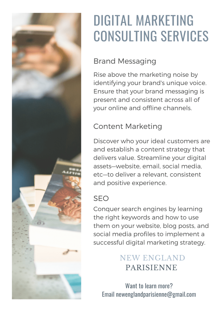 New England Parisienne offers digital marketing services focused on brand messaging, content marketing, and SEO